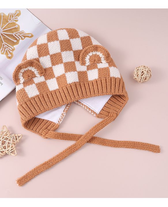 Babyhug Ear Applique Woollen Cap with Knot - Brown