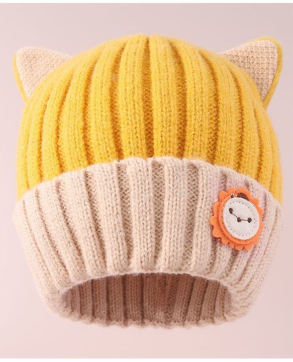 Babyhug Cable Knitted Woollen Cap with Ear Applique - Yellow