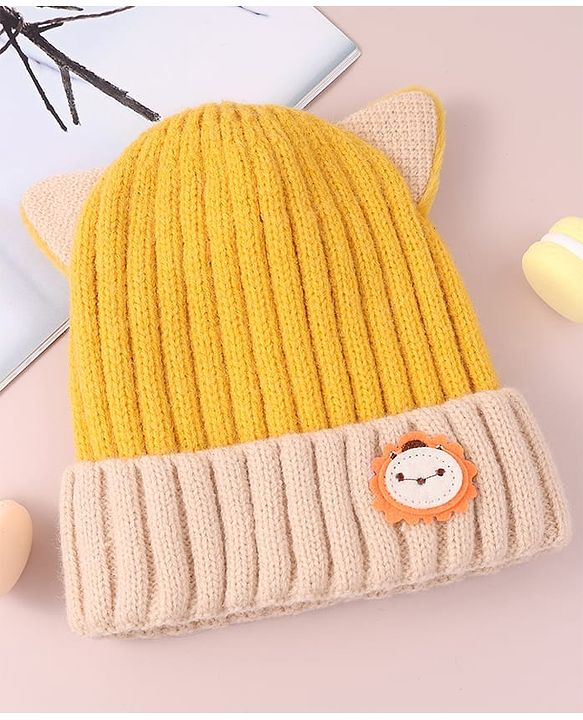 Babyhug Cable Knitted Woollen Cap with Ear Applique - Yellow