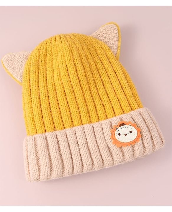 Babyhug Cable Knitted Woollen Cap with Ear Applique - Yellow