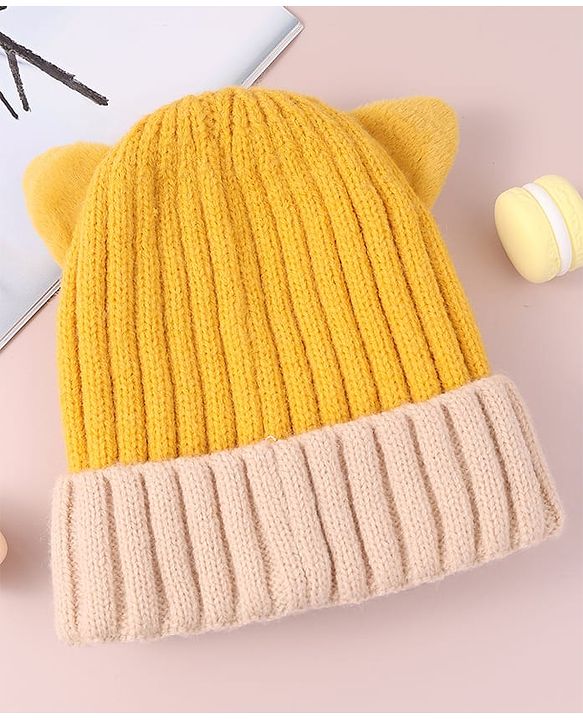 Babyhug Cable Knitted Woollen Cap with Ear Applique - Yellow