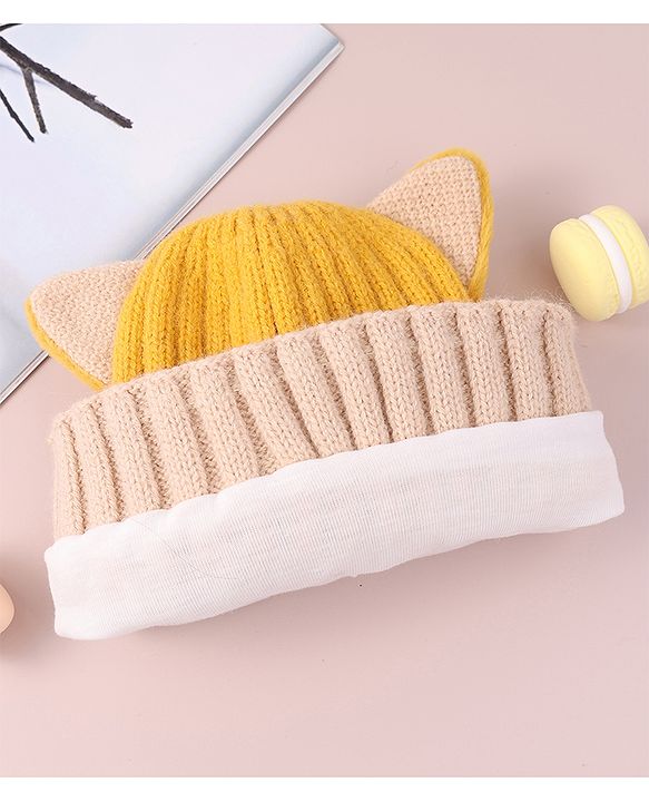 Babyhug Cable Knitted Woollen Cap with Ear Applique - Yellow