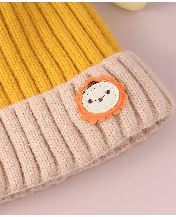 Babyhug Cable Knitted Woollen Cap with Ear Applique - Yellow