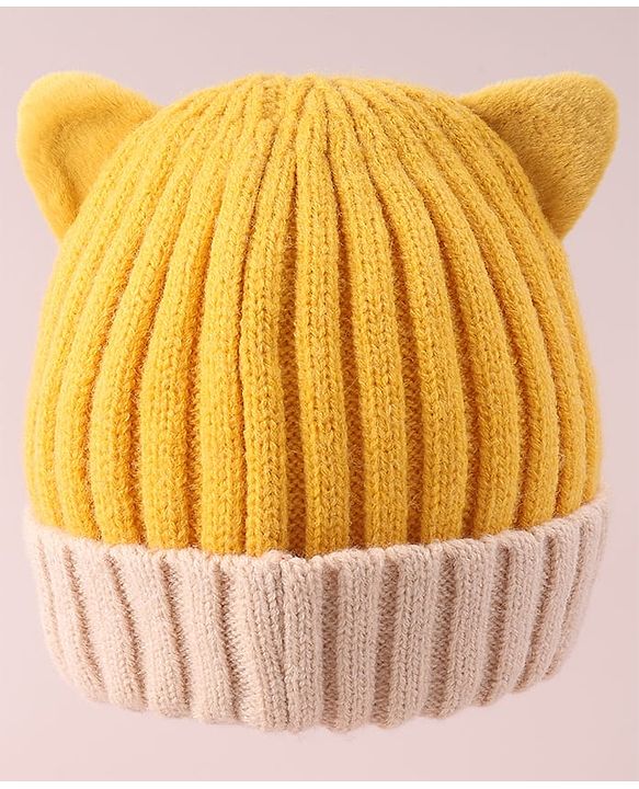 Babyhug Cable Knitted Woollen Cap with Ear Applique - Yellow