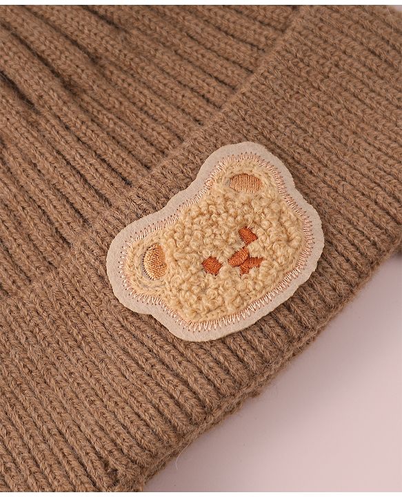 Babyhug Cable Knitted Woollen Cap with Teddy Bear Applique & Pom Pom - Khaki