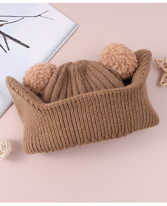 Babyhug Cable Knitted Woollen Cap with Teddy Bear Applique & Pom Pom - Khaki