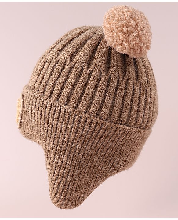 Babyhug Cable Knitted Woollen Cap with Teddy Bear Applique & Pom Pom - Khaki