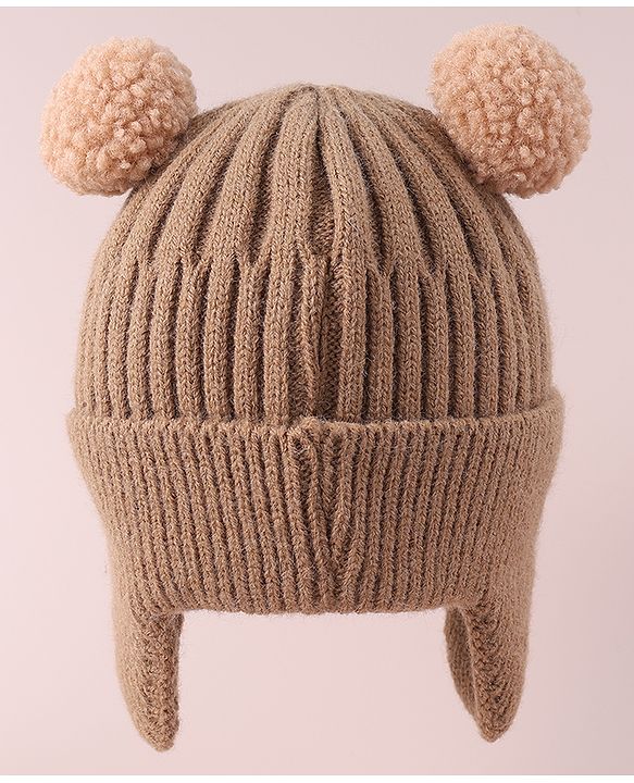 Babyhug Cable Knitted Woollen Cap with Teddy Bear Applique & Pom Pom - Khaki
