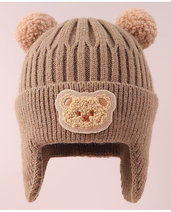 Babyhug Cable Knitted Woollen Cap with Teddy Bear Applique & Pom Pom - Khaki