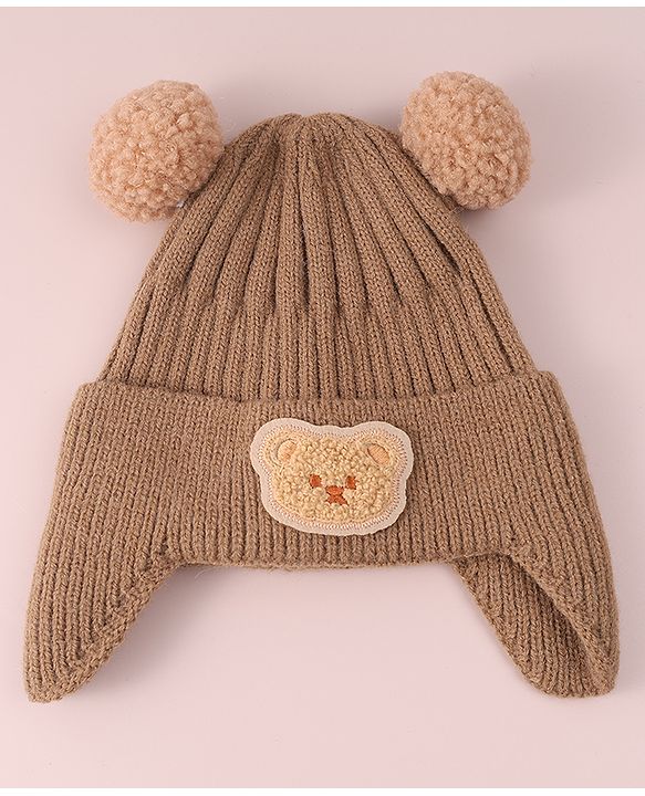Babyhug Cable Knitted Woollen Cap with Teddy Bear Applique & Pom Pom - Khaki