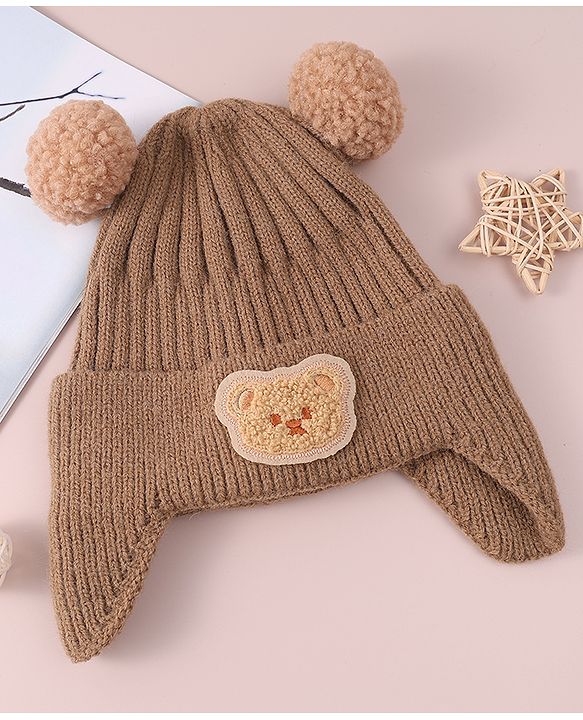 Babyhug Cable Knitted Woollen Cap with Teddy Bear Applique & Pom Pom - Khaki