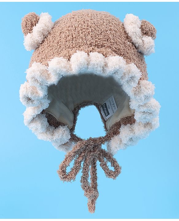 Babyhug Pom Pom Woollen Cap with Knot - Light Brown