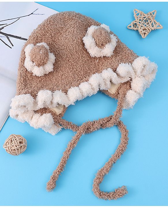Babyhug Pom Pom Woollen Cap with Knot - Light Brown