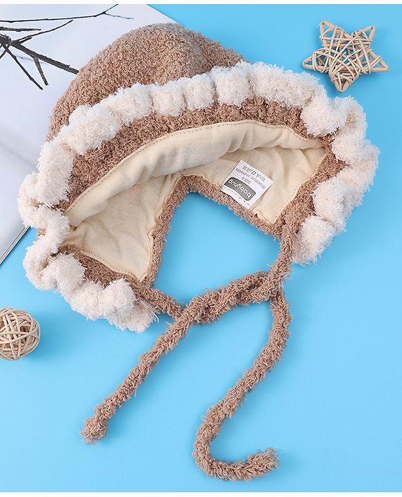 Babyhug Pom Pom Woollen Cap with Knot - Light Brown