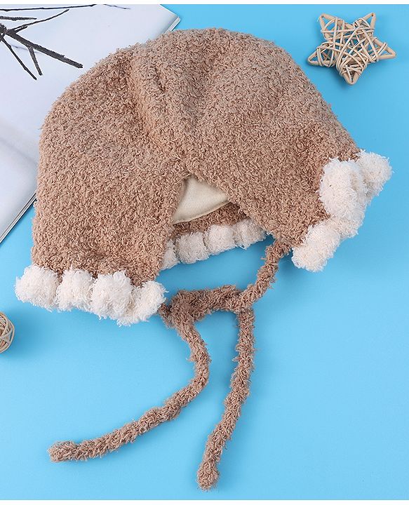 Babyhug Pom Pom Woollen Cap with Knot - Light Brown