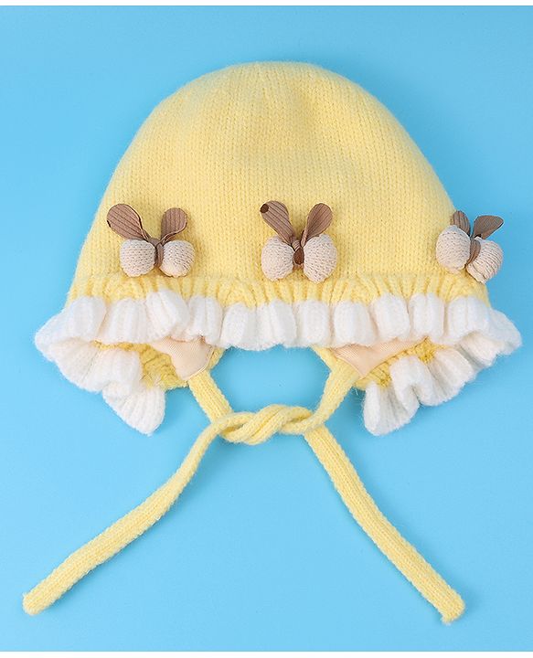 Babyhug Bow Applique Woollen Cap with Knot - Yellow