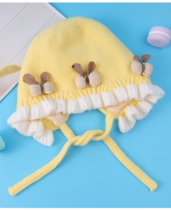 Babyhug Bow Applique Woollen Cap with Knot - Yellow