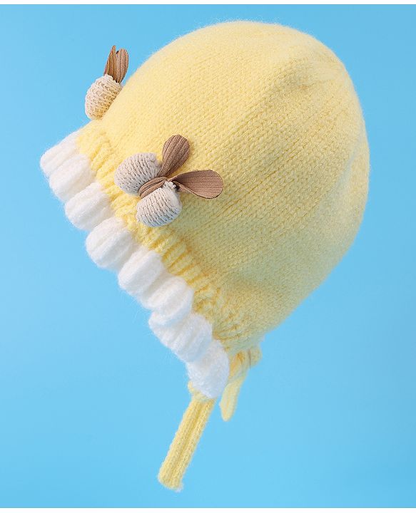 Babyhug Bow Applique Woollen Cap with Knot - Yellow