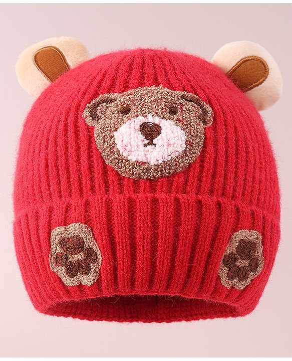 Babyhug Cable Knit Woollen Cap with Teddy Bear Ear Applique - Red