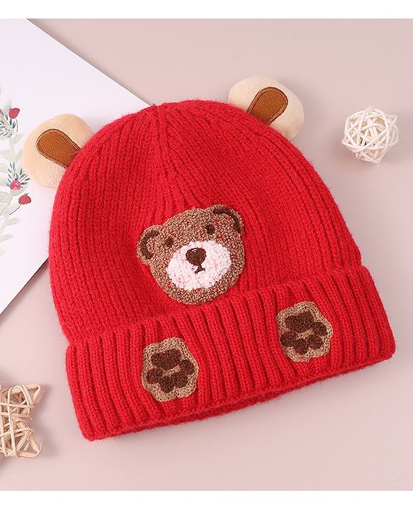 Babyhug Cable Knit Woollen Cap with Teddy Bear Ear Applique - Red