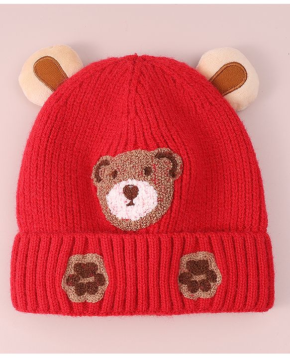 Babyhug Cable Knit Woollen Cap with Teddy Bear Ear Applique - Red