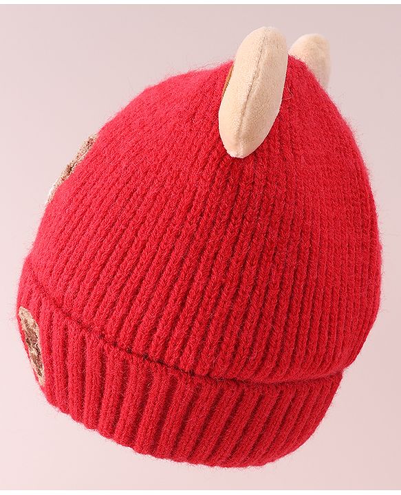 Babyhug Cable Knit Woollen Cap with Teddy Bear Ear Applique - Red