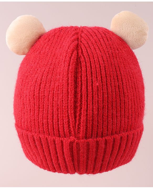 Babyhug Cable Knit Woollen Cap with Teddy Bear Ear Applique - Red