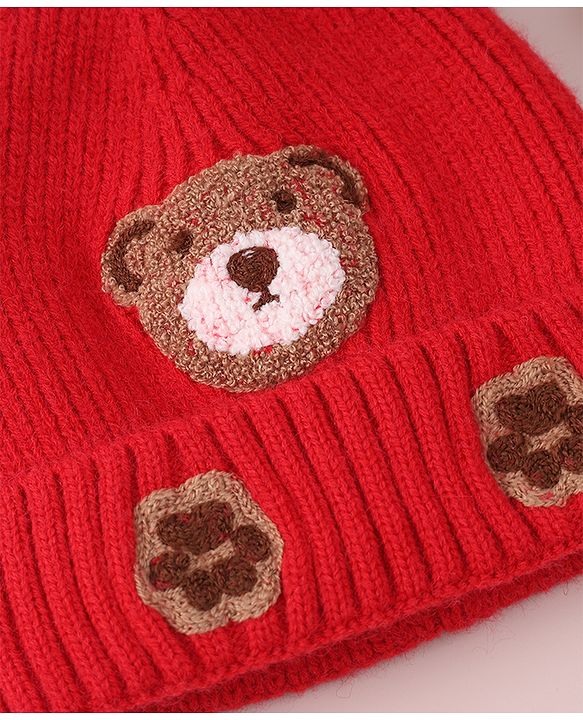 Babyhug Cable Knit Woollen Cap with Teddy Bear Ear Applique - Red
