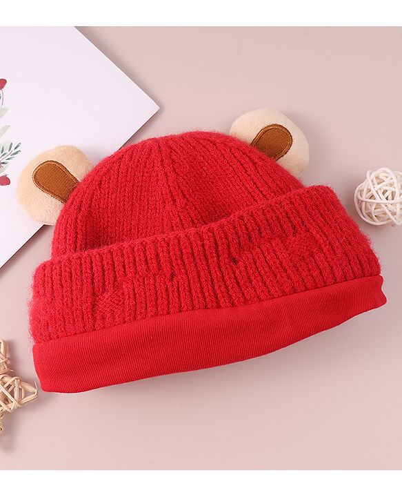 Babyhug Cable Knit Woollen Cap with Teddy Bear Ear Applique - Red
