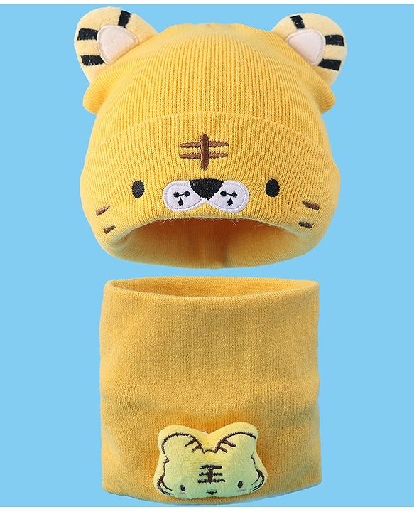 Babyhug Ear Applique Woollen Cap & Muffler Set Lion Design - Yellow