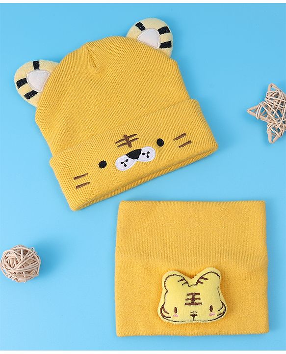 Babyhug Ear Applique Woollen Cap & Muffler Set Lion Design - Yellow
