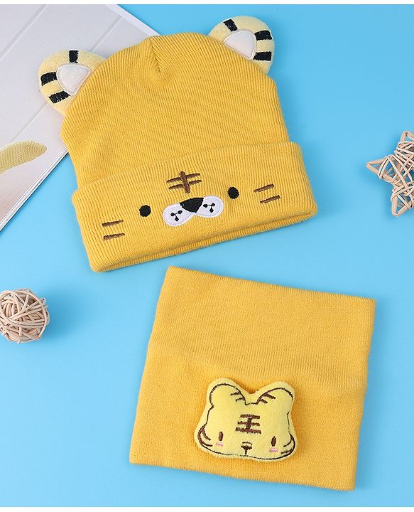 Babyhug Ear Applique Woollen Cap & Muffler Set Lion Design - Yellow