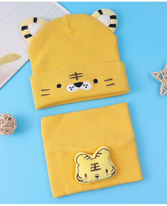 Babyhug Ear Applique Woollen Cap & Muffler Set Lion Design - Yellow