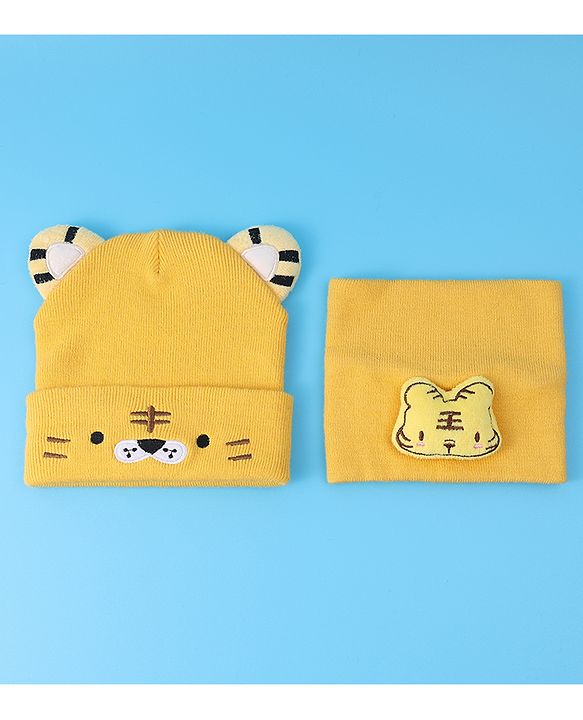 Babyhug Ear Applique Woollen Cap & Muffler Set Lion Design - Yellow