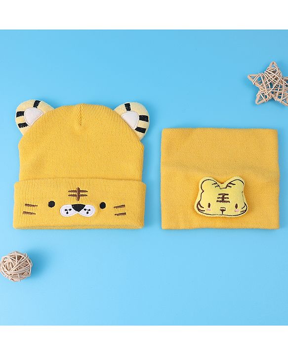 Babyhug Ear Applique Woollen Cap & Muffler Set Lion Design - Yellow