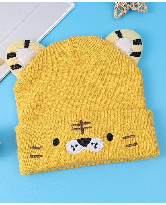 Babyhug Ear Applique Woollen Cap & Muffler Set Lion Design - Yellow