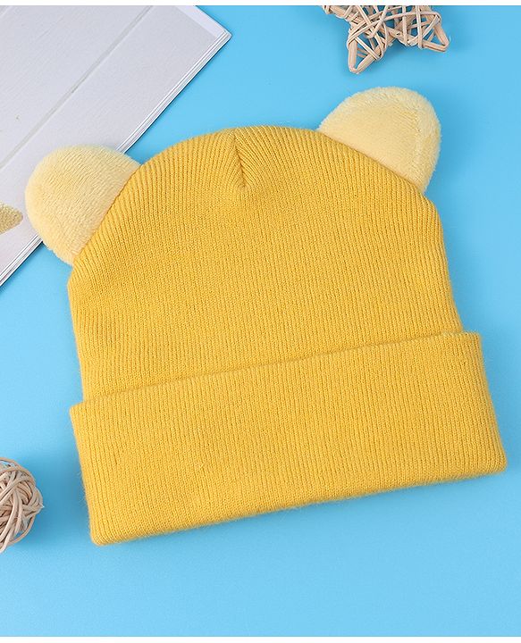 Babyhug Ear Applique Woollen Cap & Muffler Set Lion Design - Yellow