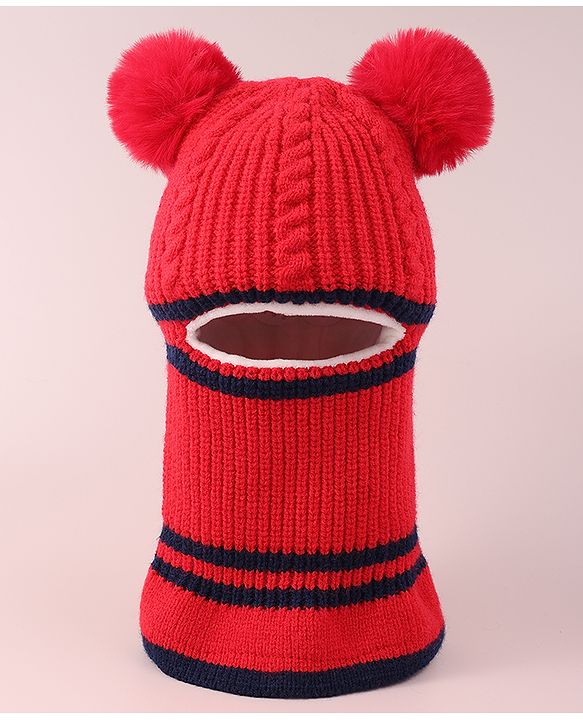 Babyhug Pom Pom Monkey Cap with Cable Knit Design - Red