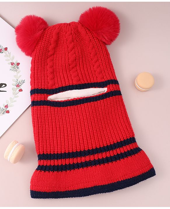 Babyhug Pom Pom Monkey Cap with Cable Knit Design - Red