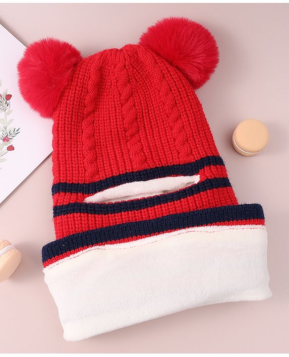 Babyhug Pom Pom Monkey Cap with Cable Knit Design - Red