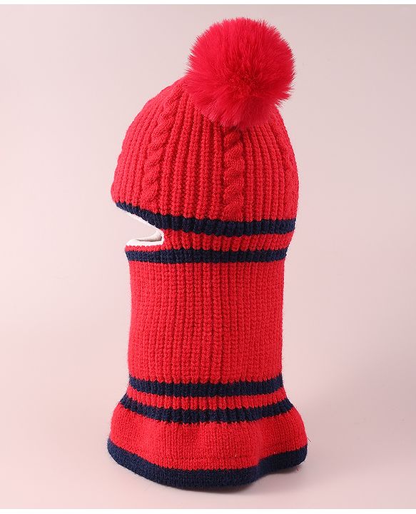 Babyhug Pom Pom Monkey Cap with Cable Knit Design - Red