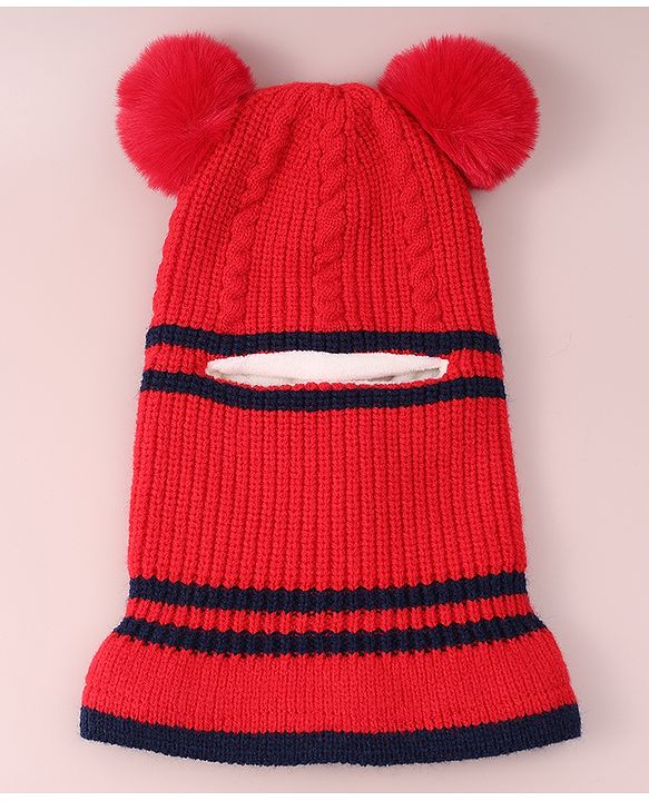 Babyhug Pom Pom Monkey Cap with Cable Knit Design - Red