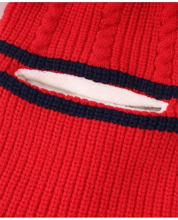 Babyhug Pom Pom Monkey Cap with Cable Knit Design - Red