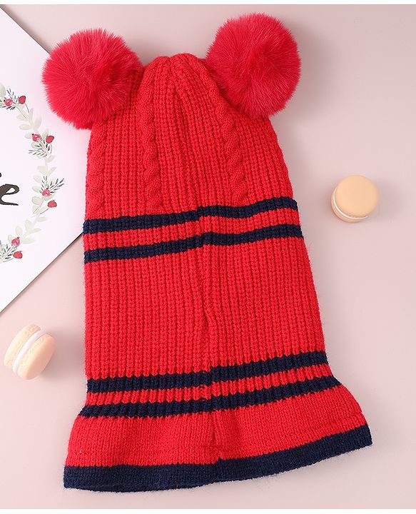 Babyhug Pom Pom Monkey Cap with Cable Knit Design - Red