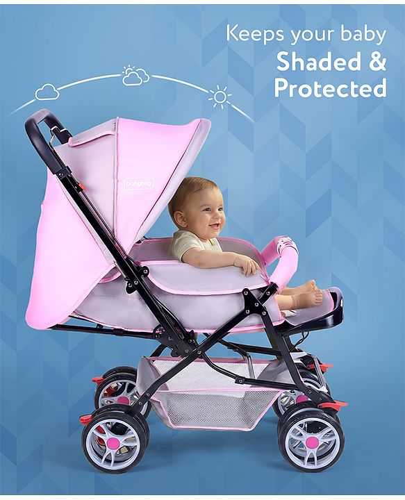 Babyhug Comfy Ride Stroller With Reversible Handle - Pink| Reclining Seat| Adjustable Foot Rest| Padded Cushion| Swivel Lock and Brake| Removable Mosquito Net| Adjustable Canopy| Storage Basket
