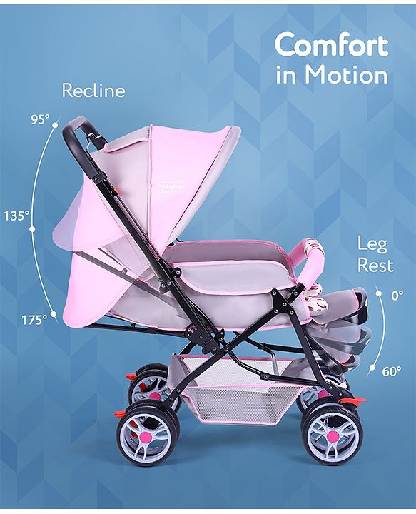 Babyhug Comfy Ride Stroller With Reversible Handle - Pink| Reclining Seat| Adjustable Foot Rest| Padded Cushion| Swivel Lock and Brake| Removable Mosquito Net| Adjustable Canopy| Storage Basket