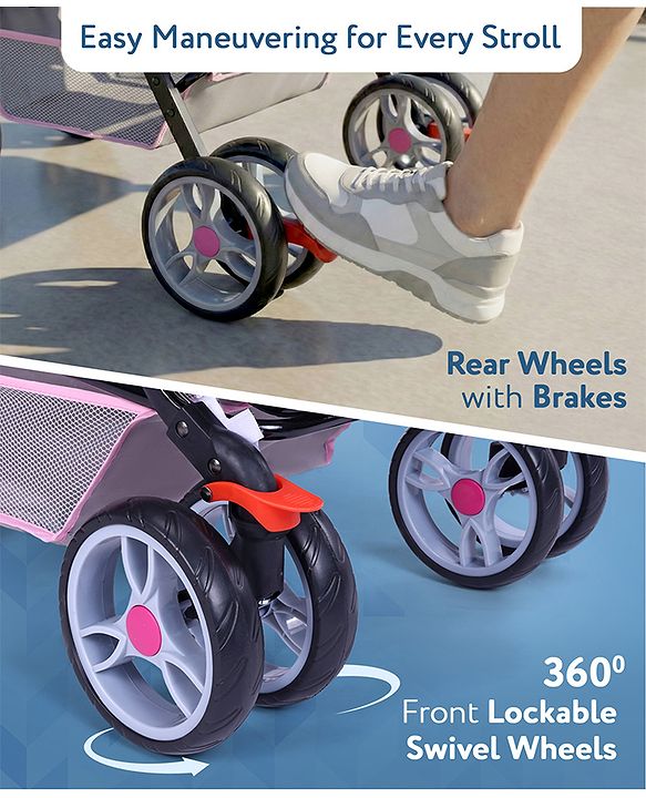 Babyhug Comfy Ride Stroller With Reversible Handle - Pink| Reclining Seat| Adjustable Foot Rest| Padded Cushion| Swivel Lock and Brake| Removable Mosquito Net| Adjustable Canopy| Storage Basket