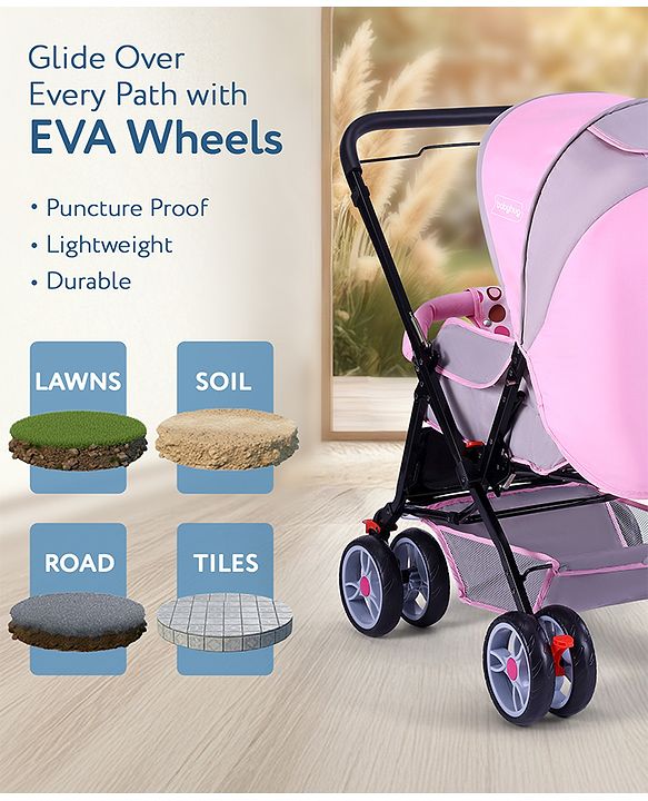 Babyhug Comfy Ride Stroller With Reversible Handle - Pink| Reclining Seat| Adjustable Foot Rest| Padded Cushion| Swivel Lock and Brake| Removable Mosquito Net| Adjustable Canopy| Storage Basket