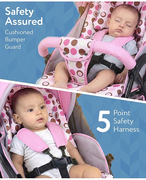 Babyhug Comfy Ride Stroller With Reversible Handle - Pink| Reclining Seat| Adjustable Foot Rest| Padded Cushion| Swivel Lock and Brake| Removable Mosquito Net| Adjustable Canopy| Storage Basket