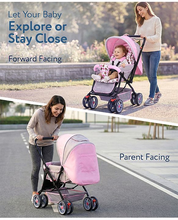 Babyhug Comfy Ride Stroller With Reversible Handle - Pink| Reclining Seat| Adjustable Foot Rest| Padded Cushion| Swivel Lock and Brake| Removable Mosquito Net| Adjustable Canopy| Storage Basket